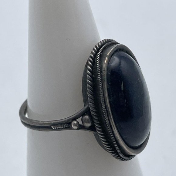 Sterling Steel Oval Shape Blue Gemstone Black Onyx Rope Cabochon Finger Ring - Picture 5 of 6